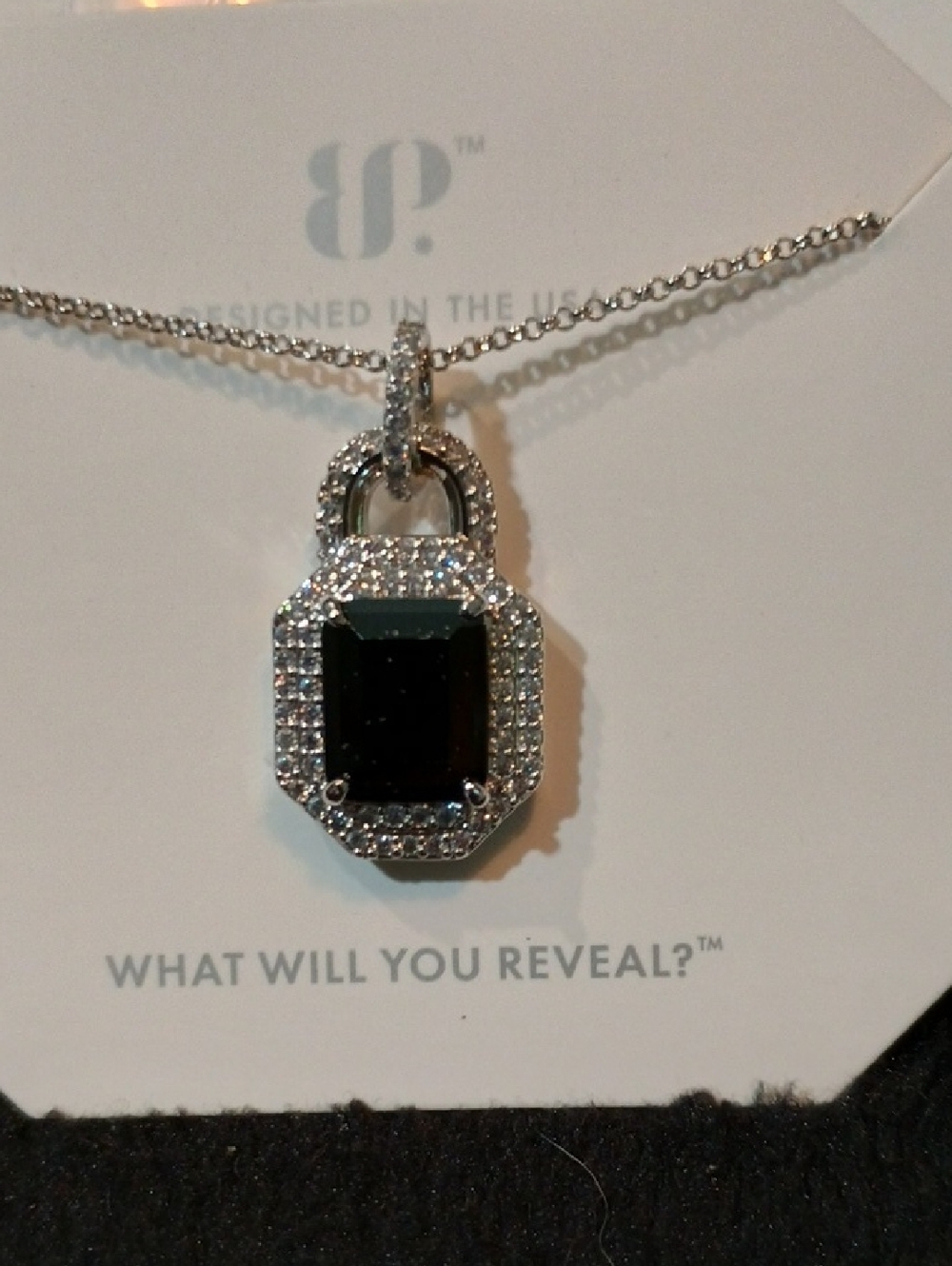 bp Silver-Tone Pendant Necklace with Black Center Stone and Crystal Halo